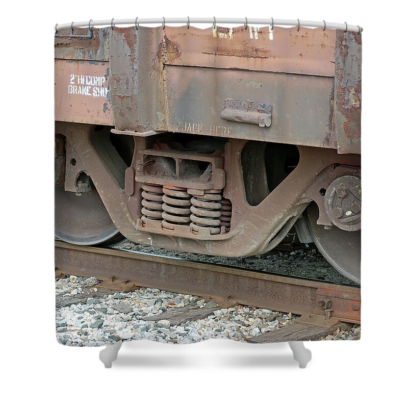 Train Wheels On Track Shower Curtain featuring the photograph Train Wheels on Track by Connie Fox
