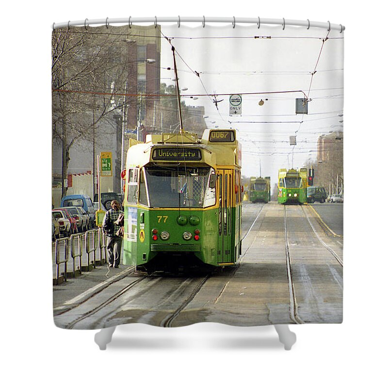 Trams Shower Curtain featuring the photograph Trams, Melbourne, Circa 1998 by Jerry Griffin
