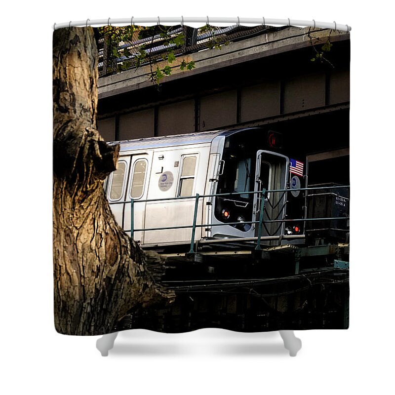 Subway Shower Curtain featuring the photograph Tree and Train by Steve Ember