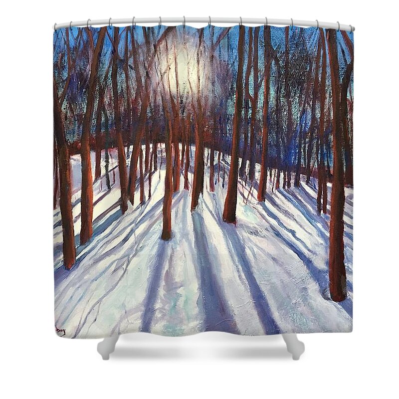 Woods Shower Curtain featuring the painting Tree Glow by Maureen Obey