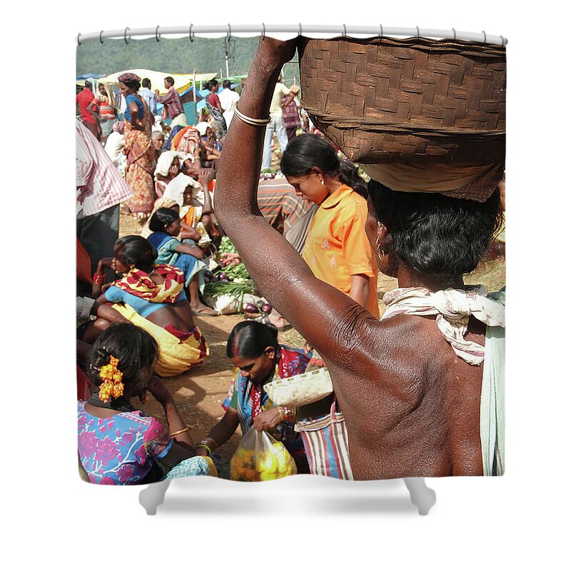 Women Shower Curtain featuring the photograph Tribal women carry goods on their heads by Steve Estvanik
