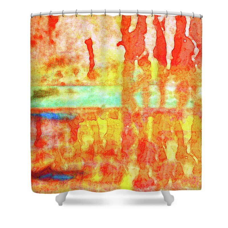 Abstract; Landscape; Beach; Coastal; Coast; Hot; Tropics; Tropical; Color; Sunset; Sunrise; Patterns; Lines; Vertical; Horizontal; Orange; Yellow; Teal; Green; Red; Blue; Digital; Painting; Art; Photograph; Fantasy; Beautiful; Sharon Eng; Doodle; Doodleng; Image; Paint; Home; Decor; Decorating; Wall; Business; Office; Corporate; Pillow; Decorative; Shower Curtain; Bag; Colorful; Bright Shower Curtain featuring the mixed media Tropical Dream 300 by Sharon Williams Eng
