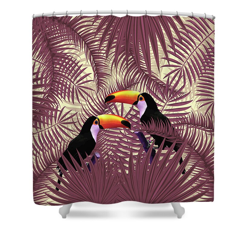 Tropical Shower Curtain featuring the mixed media Tropical Forest - Toucan birds - Tropical Palm Leaf Pattern - Leaf Pattern - Tropical Print 3 by Studio Grafiikka