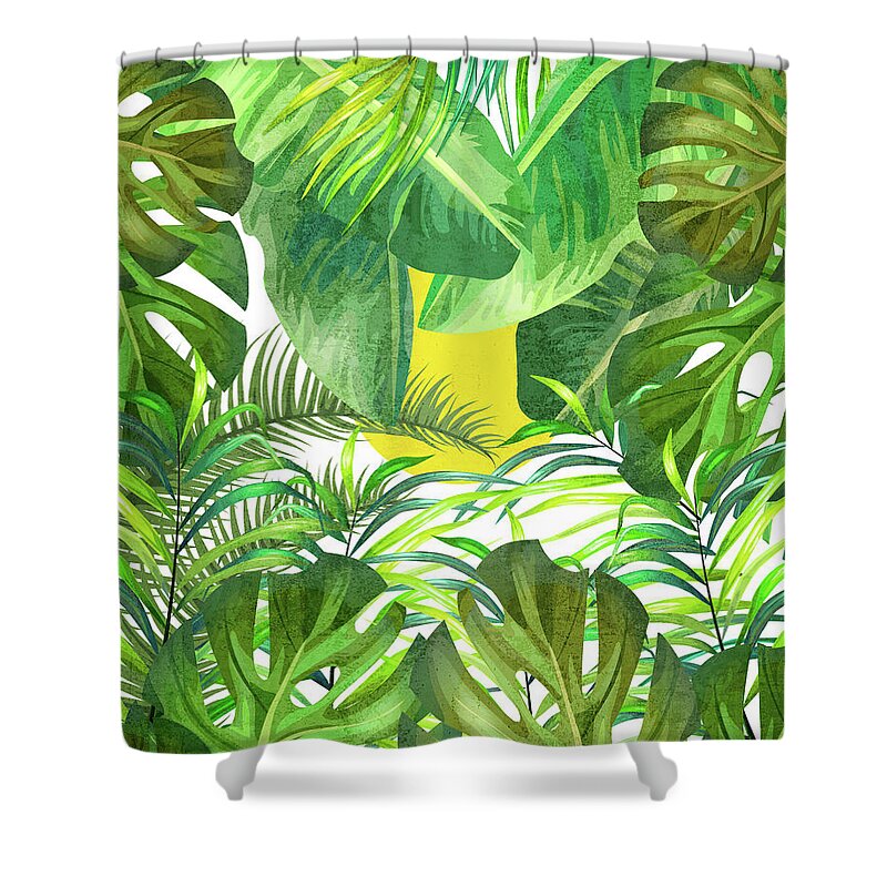 Tropical Shower Curtain featuring the mixed media Tropical Leaf Pattern 01- Banana, Palm Leaf, Monstera Leaf - Green, Freshness, Tropical, Botanical by Studio Grafiikka