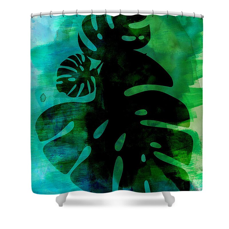 Tropical Leaf Shower Curtain featuring the mixed media Tropical Monstera Leafs Watercolor by Naxart Studio