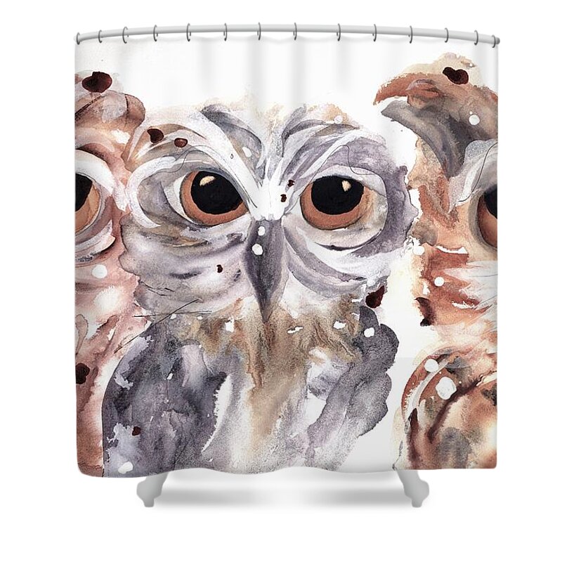 Three Owls Shower Curtain featuring the painting Trouble by Dawn Derman