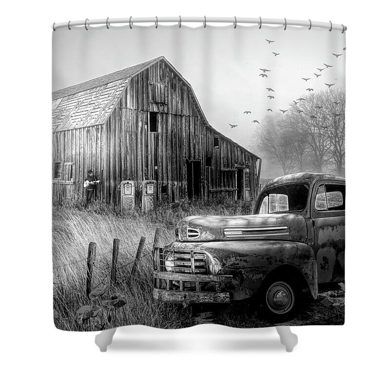 1951 Shower Curtain featuring the photograph Truck in the Fog in Black and White by Debra and Dave Vanderlaan
