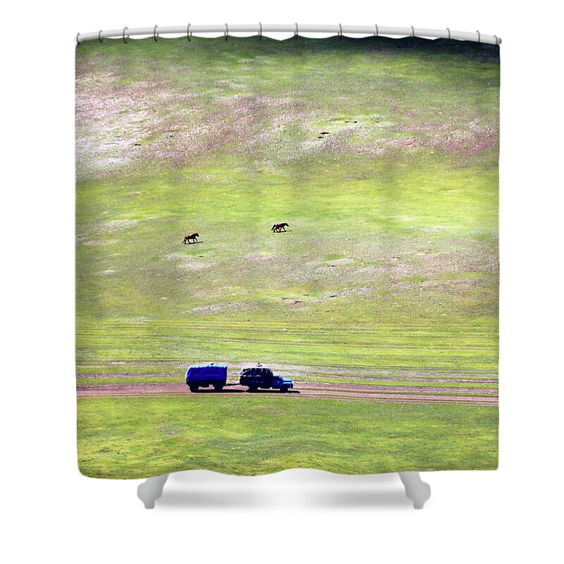 Tranquility Shower Curtain featuring the photograph Trucking In Mongolia by Shenzhen Harbour
