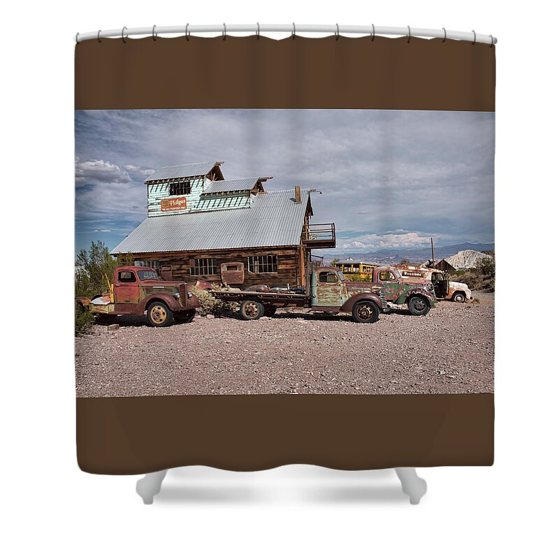 Nelson Shower Curtain featuring the photograph Trucks Lined Up in Nelson by Kristia Adams