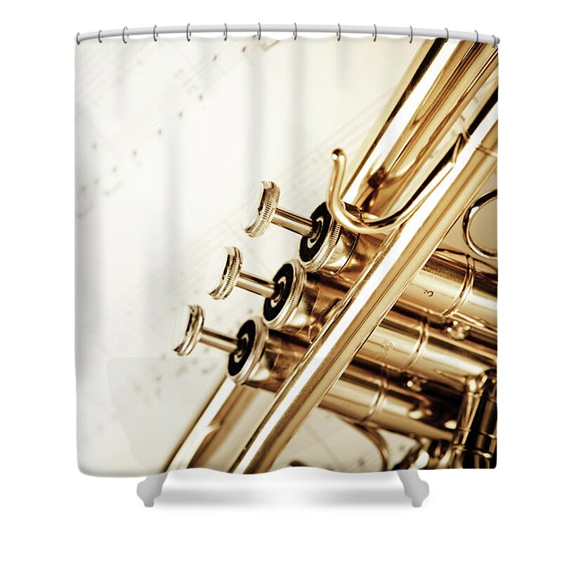 Music Shower Curtain featuring the photograph Trumpet And Notes by Aleksandarnakic