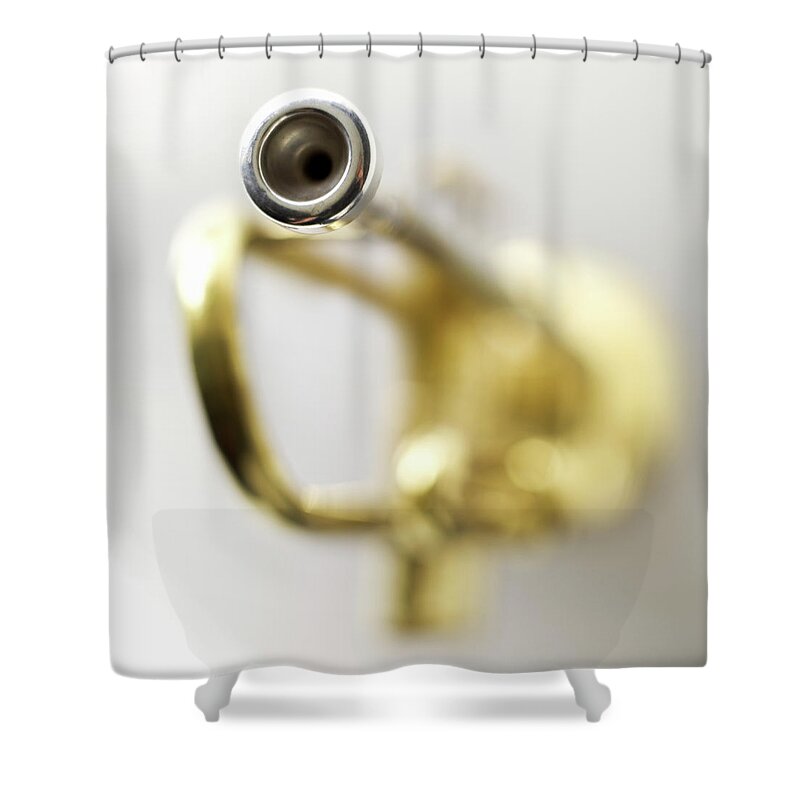 White Background Shower Curtain featuring the photograph Trumpet, Focus On Mouth Piece by Stockbyte