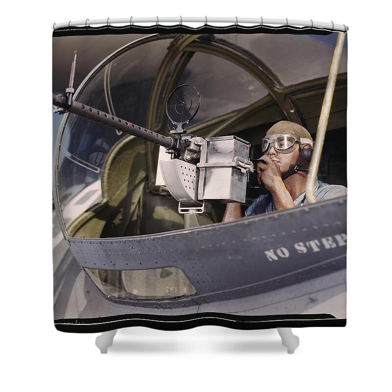 Naval Shower Curtain featuring the painting Trying out a 30-calibre machine gun by Hollem, Howard R. .
