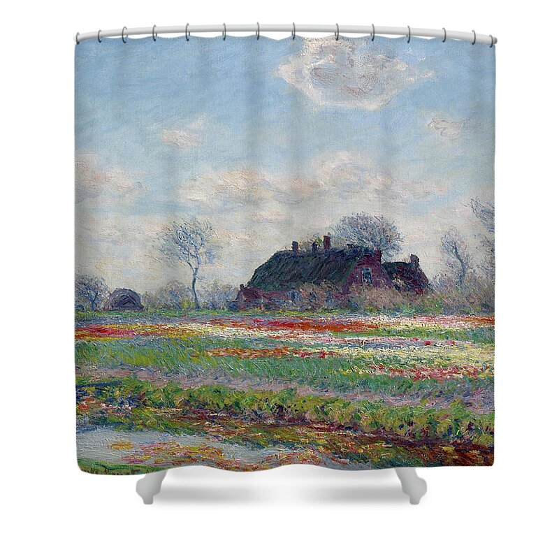 Claude Monet Shower Curtain featuring the painting Tulip Fields at Sassenheim, 1886 by Claude Monet