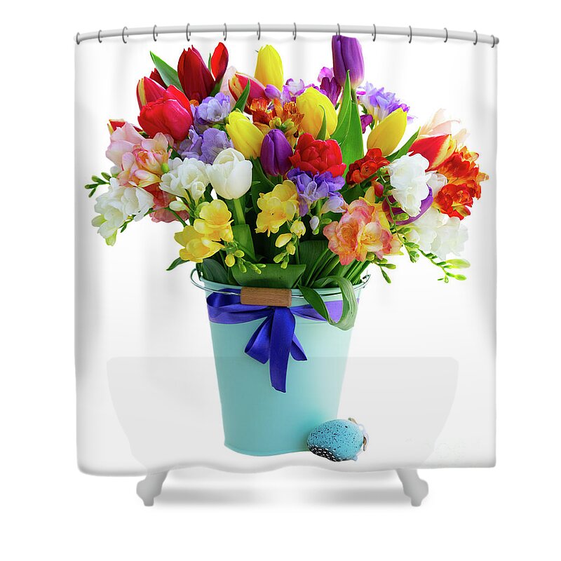Tulips Shower Curtain featuring the photograph Tulips and Freesia by Anastasy Yarmolovich