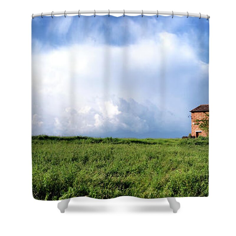 Tuscan Shower Curtain featuring the painting Tuscan Farmhouse by Shelley Lake