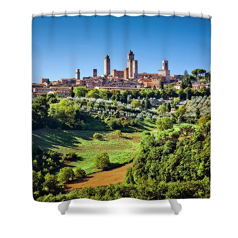 Estock Shower Curtain featuring the digital art Tuscany, San Gimignano, Italy by Olimpio Fantuz