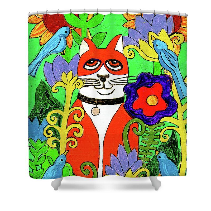Cat Shower Curtain featuring the painting Tuxedo Cat With Four Bluebirds In Garden by Genevieve Esson