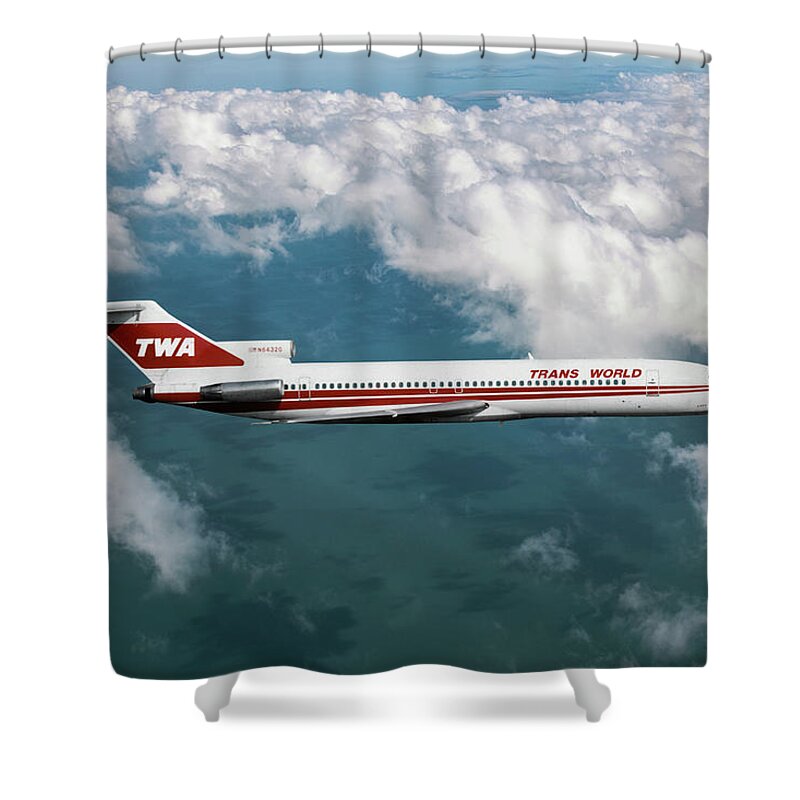 Trans World Airlines Shower Curtain featuring the mixed media TWA Boeing 727 Above the Clouds by Erik Simonsen