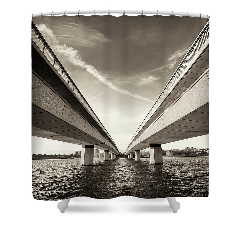 Long Shower Curtain featuring the photograph Twin Bridges Over Water by Georgeclerk