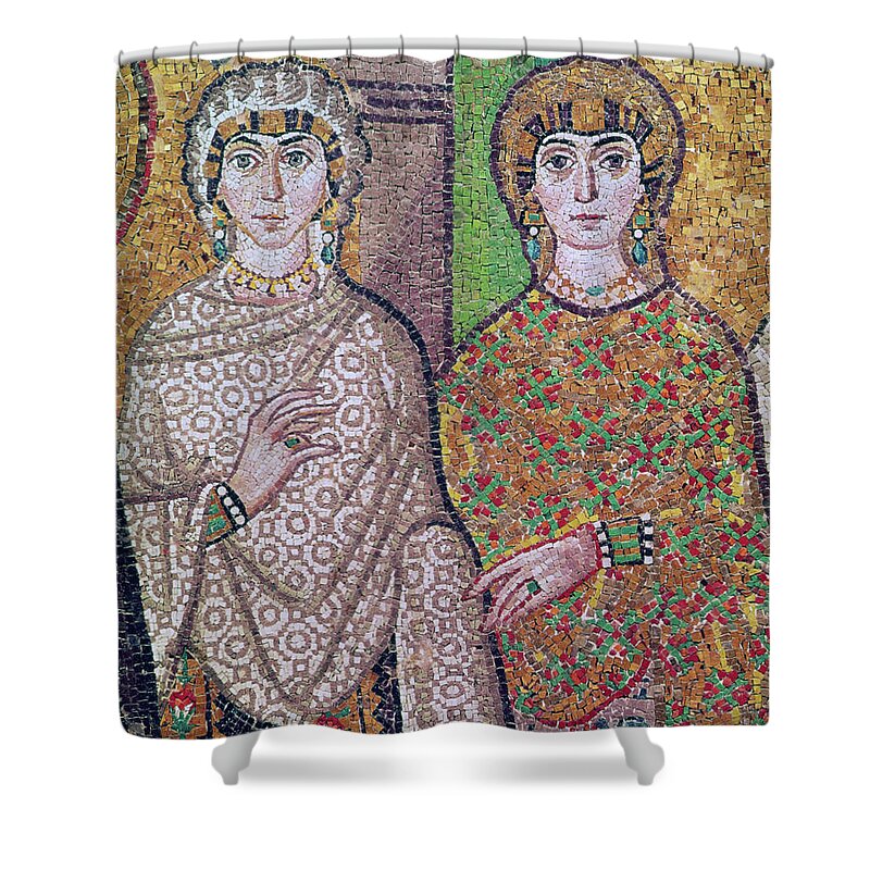 Mosaic Art Shower Curtain featuring the photograph Two Attendant Ladies Of The Empress Theodora Mosaic by Byzantine School