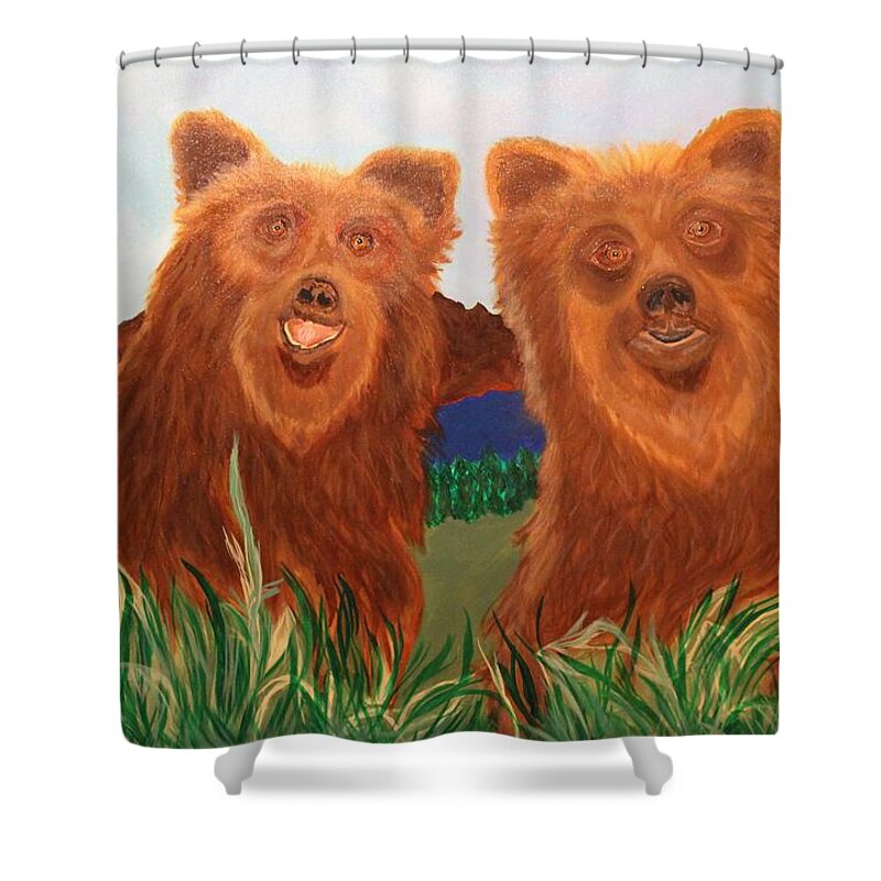 Bears Shower Curtain featuring the painting Two Bears in a Meadow by Bill Manson