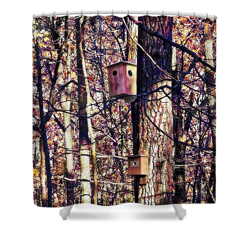 Autumn Shower Curtain featuring the photograph Two Birdhouses in the Autumn Woods by Susan Savad