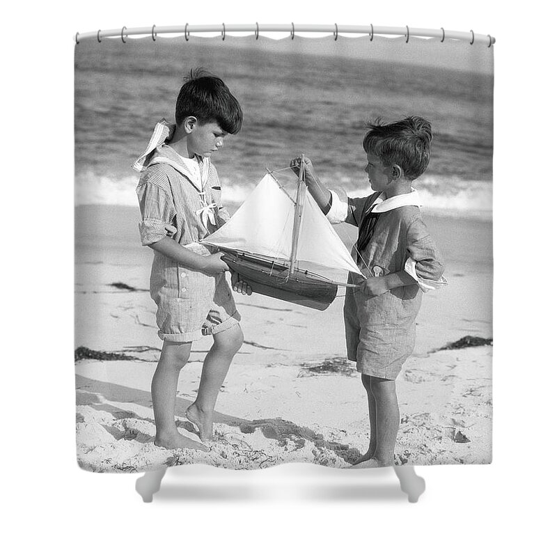 Water's Edge Shower Curtain featuring the photograph Two Boys Wearing Sailor Suits, Toy by H. Armstrong Roberts