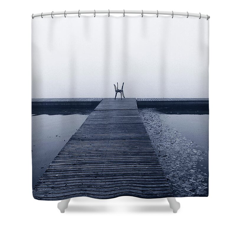 Scenics Shower Curtain featuring the photograph Two Chairs At The End Of A Quay On A by Gaetan Charbonneau