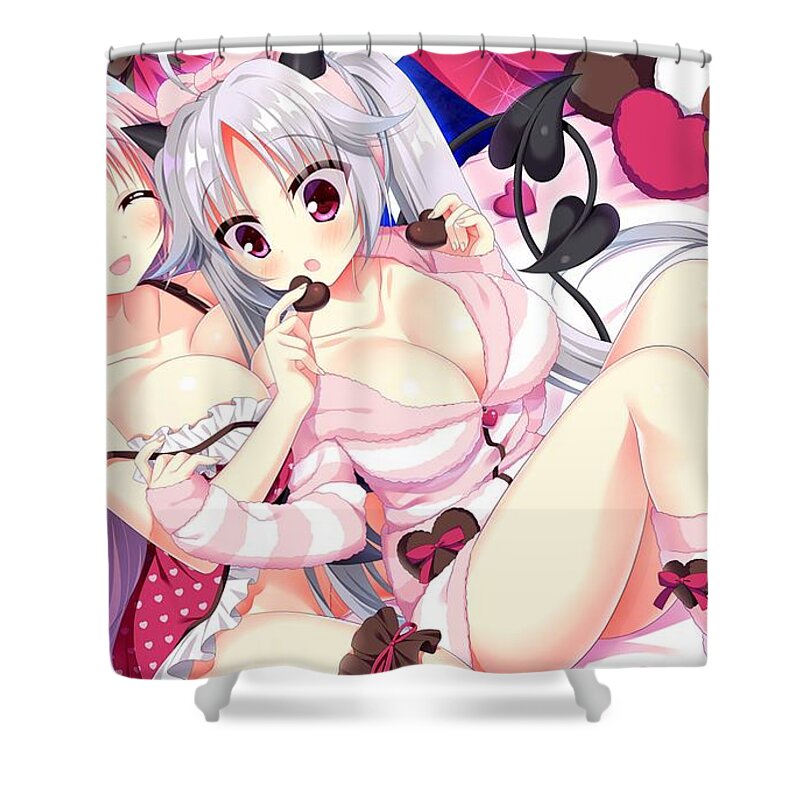 High Resolution Shower Curtain featuring the drawing Two Cute Hentai Girls With Big Boobs Eating Choclates Ultra HD by Hi Res