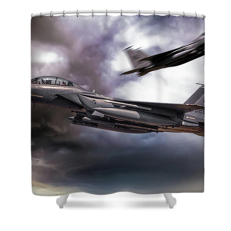 F15 Shower Curtain featuring the digital art Two F-15E Strike Eagle passing in storm clouds by Simon Bratt
