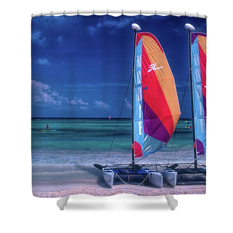 Mexico Shower Curtain featuring the photograph Two sailboats on beach by David Smith