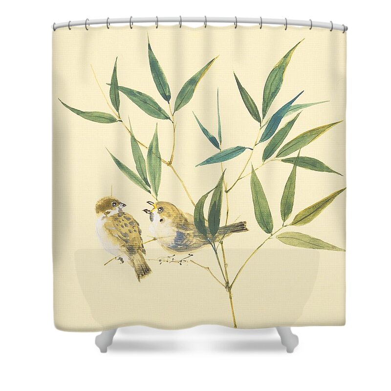 Songbird Shower Curtain featuring the digital art Two Sparrows And Bamboo Leaves by Daj