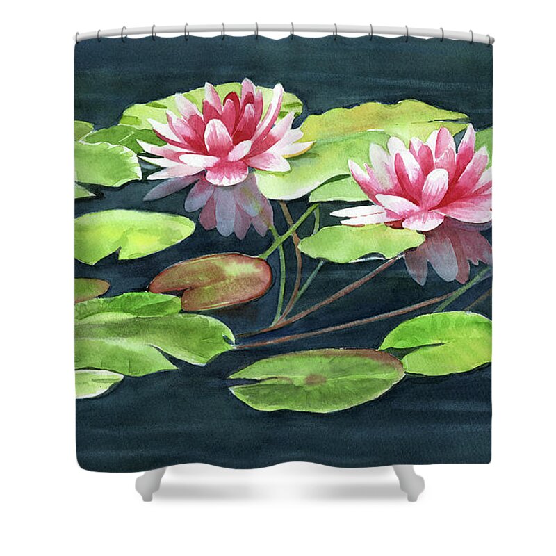 White Shower Curtain featuring the painting Two Water Lilies with Pads by Sharon Freeman