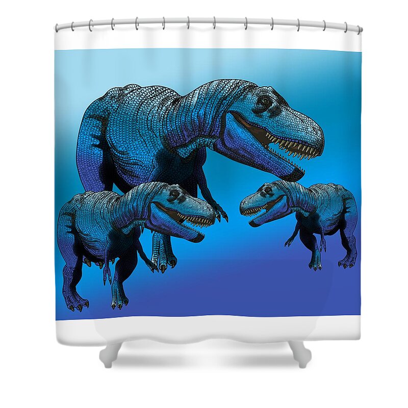 Dinosaur Shower Curtain featuring the drawing Tyrannosaurus Blue 3 by Joan Stratton