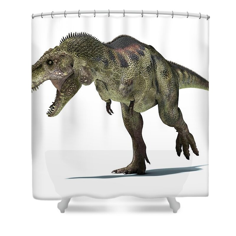 Prehistoric Era Shower Curtain featuring the digital art Tyrannosaurus Rex Dinosaur, Artwork by Leonello Calvetti