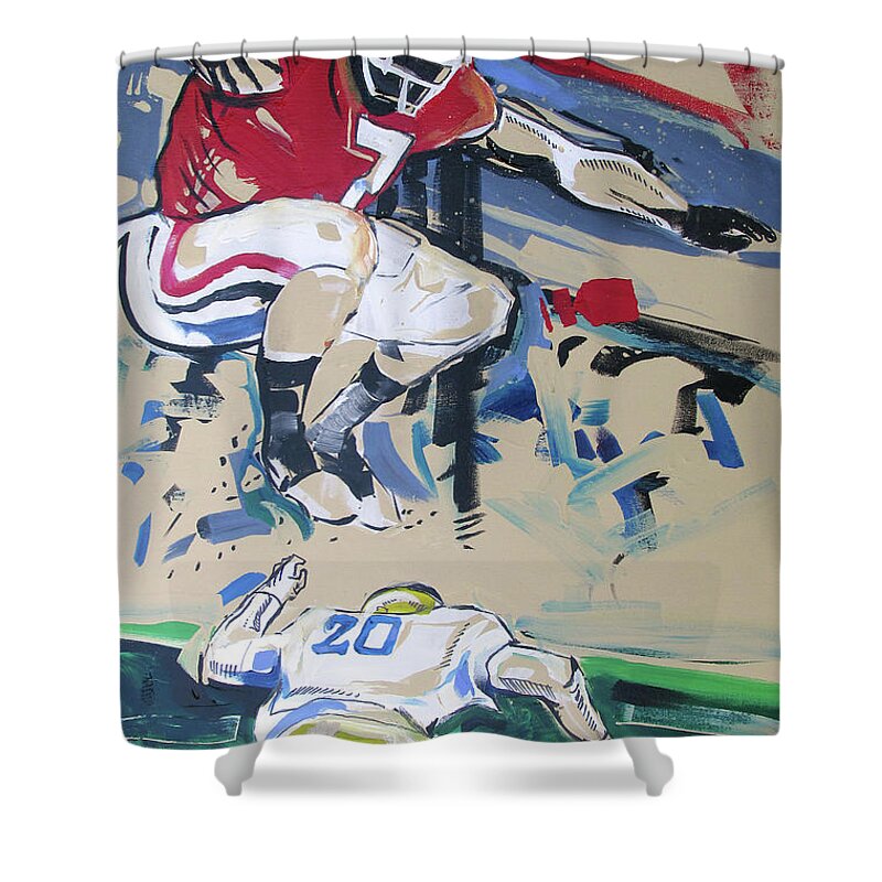 Uga Notre Dame 2019 Shower Curtain featuring the painting UGA vs Notre Dame 2019 by John Gholson