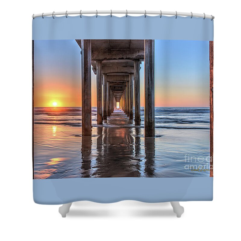 Beach Shower Curtain featuring the photograph Under Scripps Pier at Sunset ..Autographed.. by David Levin