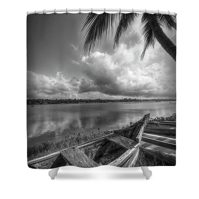 African Shower Curtain featuring the photograph Under the Palm Trees in Black and White by Debra and Dave Vanderlaan
