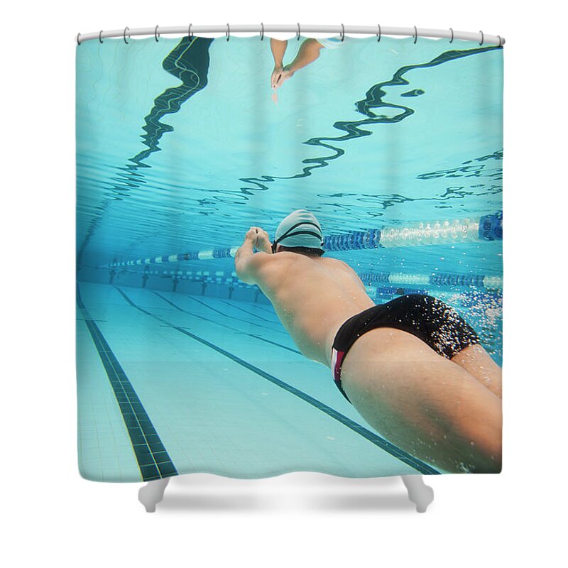 Underwater Shower Curtain featuring the photograph Underwater Swimmer by David Freund