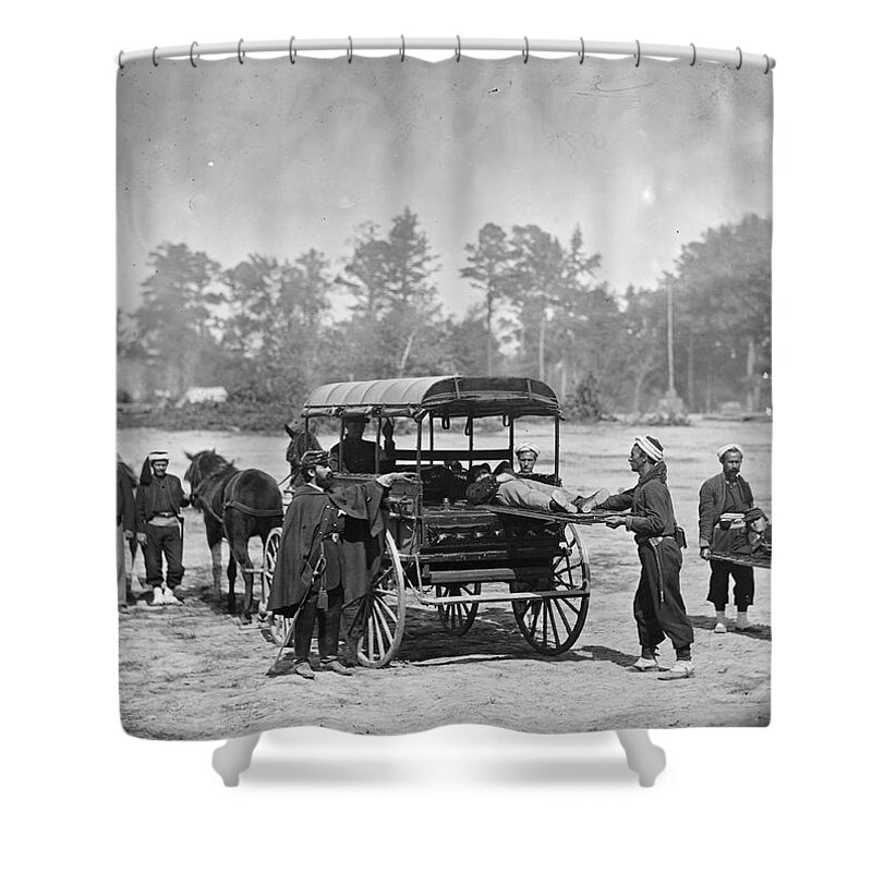 Zouaves Shower Curtain featuring the painting Union Zouaves Bear Stretchers and load men onto a Horse Drawn Ambulance by 
