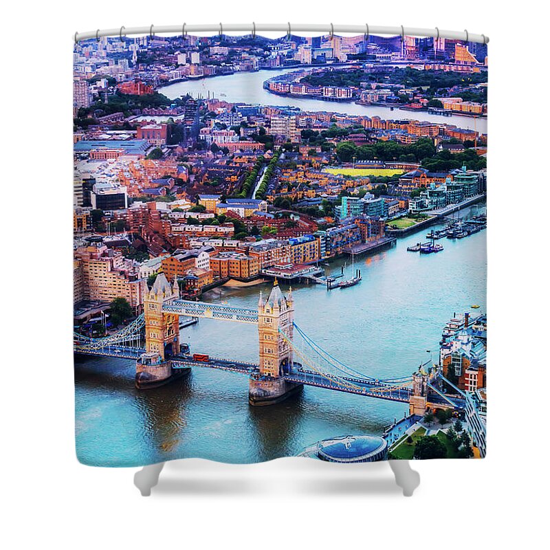 Estock Shower Curtain featuring the digital art United Kingdom, England, London, Great Britain, Thames, City Of London, Tower Bridge, Tower Bridge And Canary Wharf Aerial View At Sunset by Maurizio Rellini