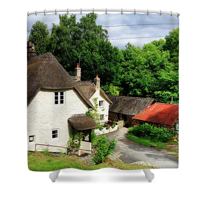 Estock Shower Curtain featuring the digital art United Kingdom, England, Somerset, Great Britain, British Isles, Typical Houses In The Countryside by Maurizio Rellini