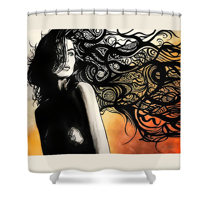 Lady Woman Female Girl Beautiful Beauty Hair Tribal Design Nude Shadows B&w Gold Silver Bronze Rustic Green Eyes Mouth Skin Body Fashion Love Lover Shower Curtain featuring the painting Unmistakeable by Sergio Gutierrez