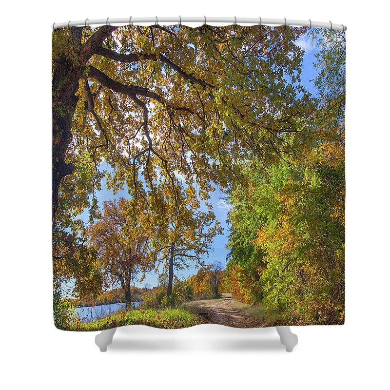 00544890 Shower Curtain featuring the photograph Autumn Lake and Trees by Tim Fitzharris