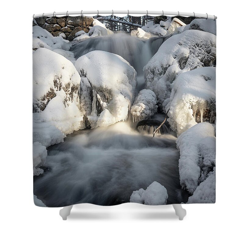 Winter Snow Ice Freezing Cold Outside Outdoors Nature River Stream Brook Ma Mass Massachusetts Brian Hale Brianhalephoto New England Newengland Usa U.s.a. Water Waterfall Falls Sky Woods Secluded Secret Long Exposure Shower Curtain featuring the photograph Upper falls - arctic by Brian Hale