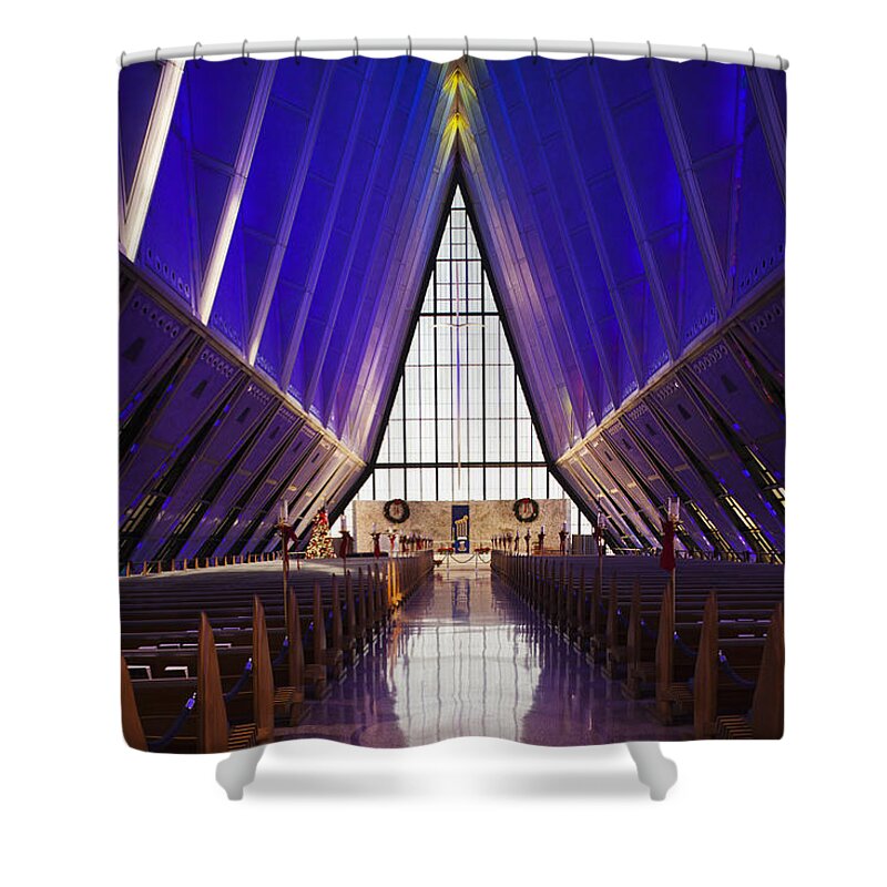 Large Group Of Objects Shower Curtain featuring the photograph U.s. Air Force Academy, Cadets Chapel by Walter Bibikow