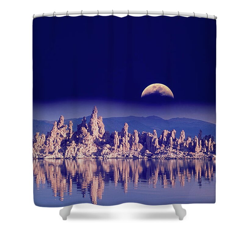 Scenics Shower Curtain featuring the photograph Usa, Ca, Mono Lake, Tufas And Moon by Grant Faint