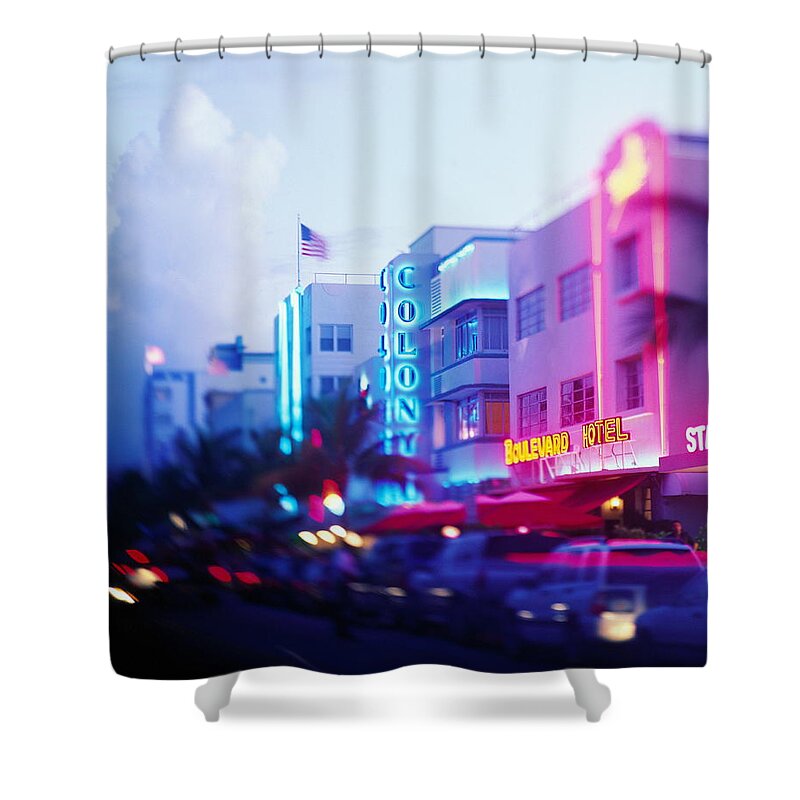 Built Structure Shower Curtain featuring the photograph Usa, Florida, Miami, Ocean Drive, Dusk by Jerry Driendl