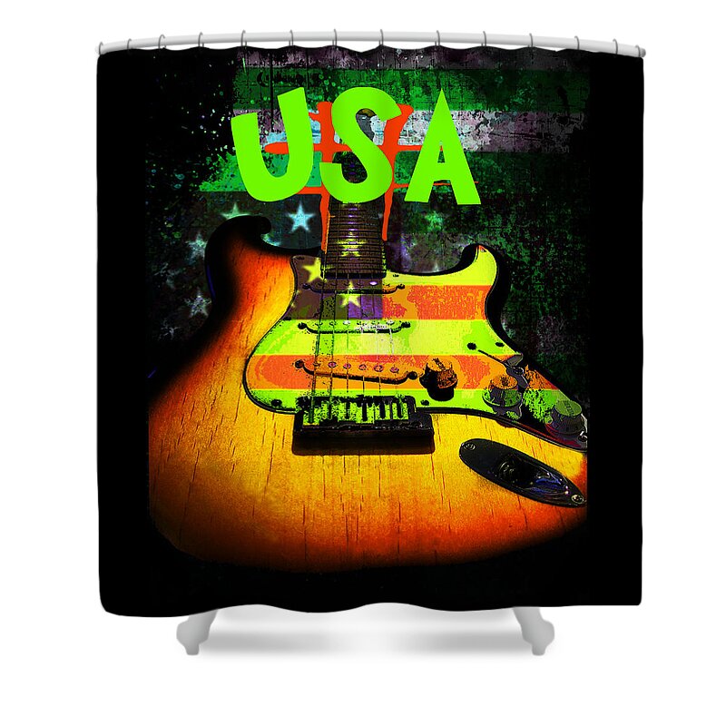 Guitar Shower Curtain featuring the digital art USA Strat Guitar Music Green Theme by Guitarwacky Fine Art
