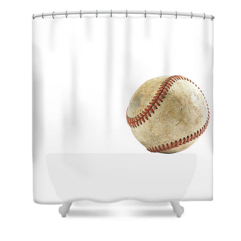 Simplicity Shower Curtain featuring the photograph Used Baseball On White Background by Thomas Northcut